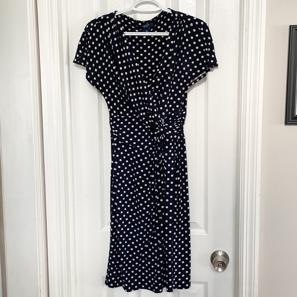 Beautiful Navy Blue Faux Wrap Polka dot Dress